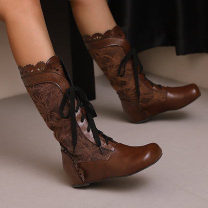 Stylish women's mid-calf lace up wedge boots in brown with decorative lace and black laces