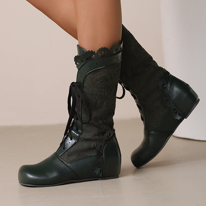 Stylish women's mid-calf lace up wedge boots in green with decorative design and comfortable fit