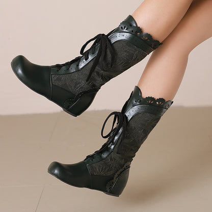Stylish women's mid-calf lace up wedge boots featuring a unique design and lace detailing