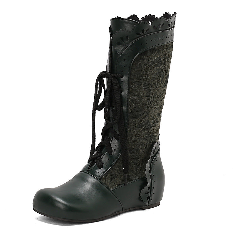 Stylish women's mid-calf lace up wedge boots in dark green with decorative details for a chic look