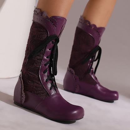 Stylish women's mid-calf lace up wedge boots in purple with lace detailing and unique design