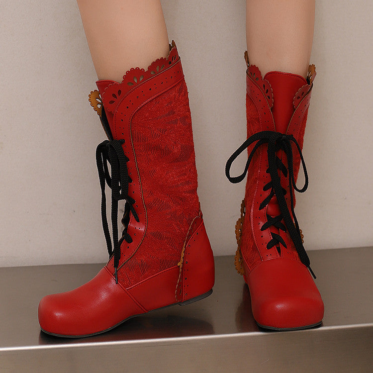 Red women's mid-calf lace up wedge boots with decorative lace and sturdy wedge heels