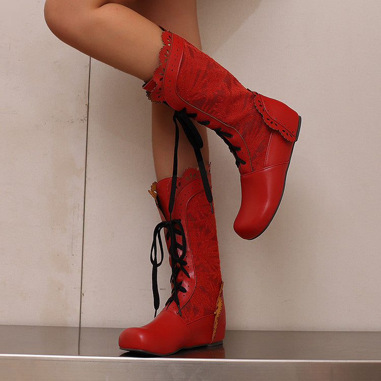 Stylish red women's mid-calf lace up wedge boots with intricate details and lace accents