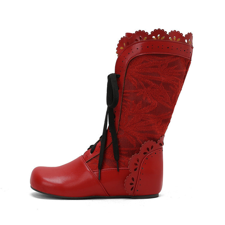 Red women's mid-calf lace up wedge boots with decorative lace detailing and bold design