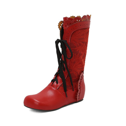 Stylish women's mid-calf lace up wedge boots in red with decorative detailing and comfortable fit