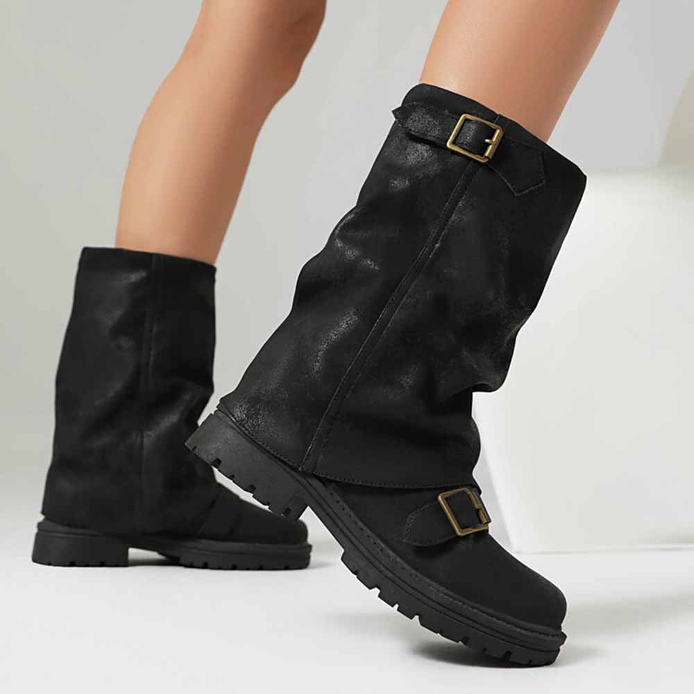Stylish black women's mid-calf low heel boots with buckle detail and durable sole for everyday wear