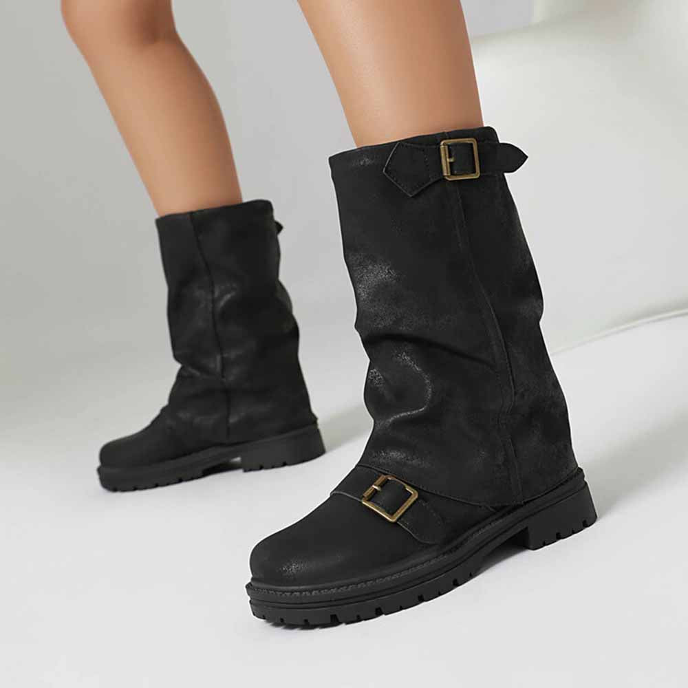 Black women's mid-calf low heel boots with buckle detail and rugged sole for stylish comfort