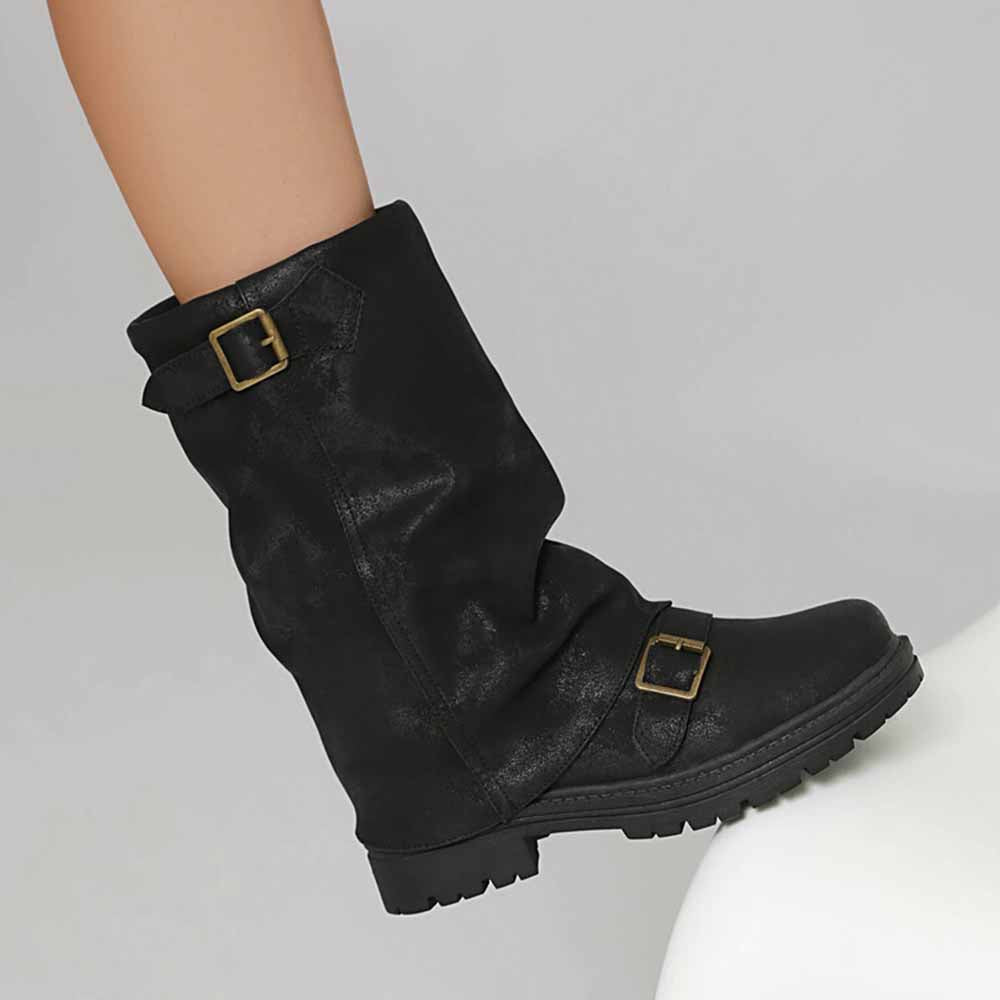 Stylish women's mid-calf low heel boots in black with buckles for trendy casual wear