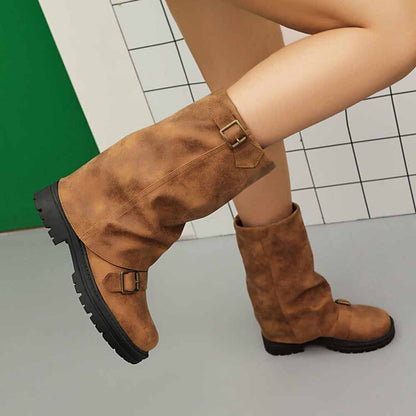 Stylish women's mid-calf low heel boots in brown with buckle detailing and a durable sole