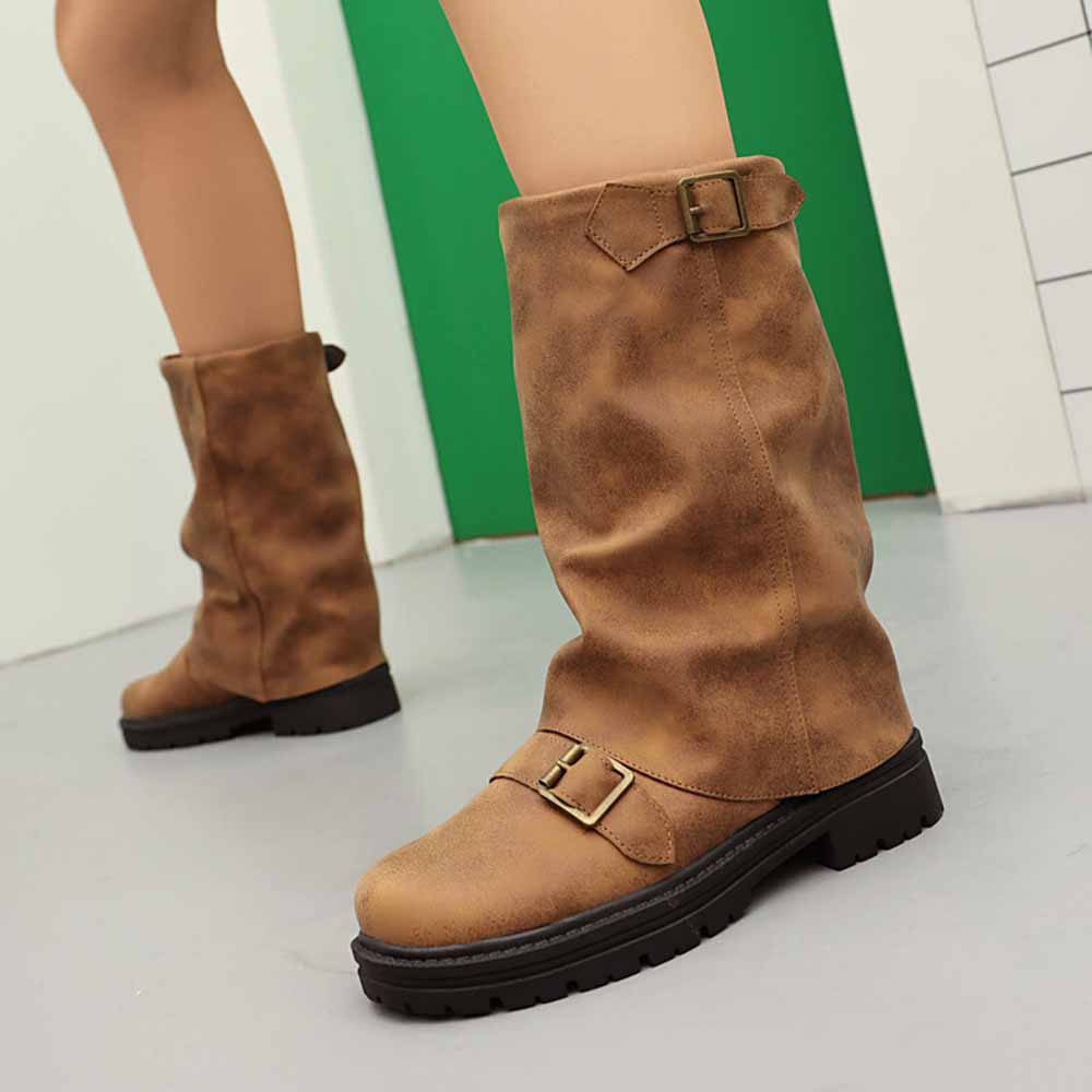 Brown women's mid-calf low heel boots with buckle detail for trendy casual wear