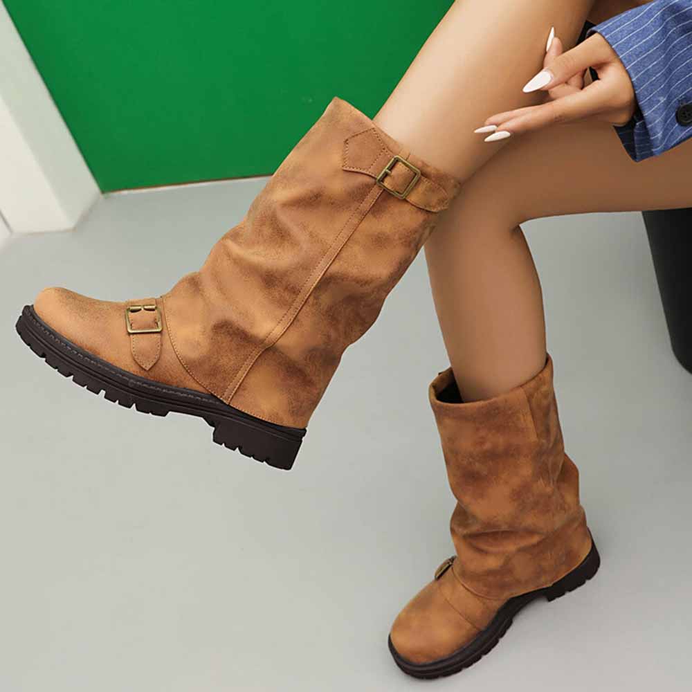 Stylish women's mid-calf low heel boots in tan with buckle detail for casual wear