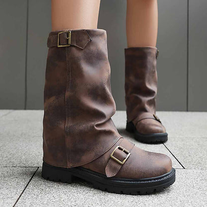 Brown SD-HK women's mid-calf low heel boots with buckles and a slouchy design for casual wear