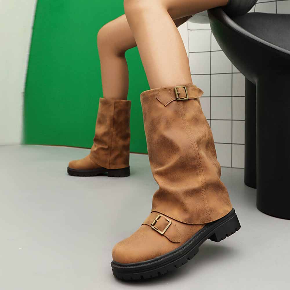 Stylish women's mid-calf low heel boots in brown with buckle detail for casual wear