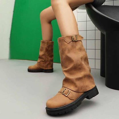 Stylish women's mid-calf low heel boots in brown with buckle detail for casual wear