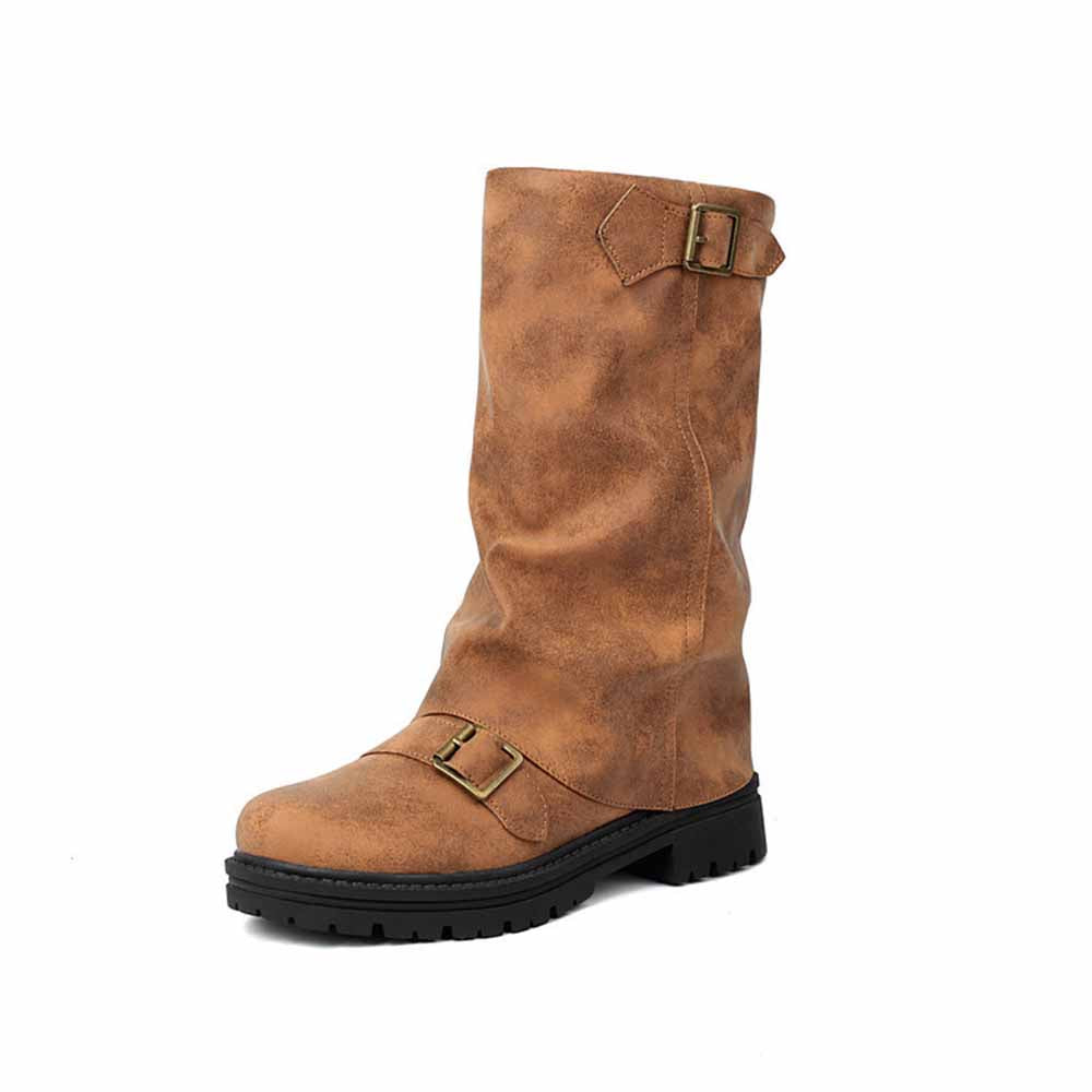 Stylish women's mid-calf low heel boots in brown with buckle detailing and sturdy sole