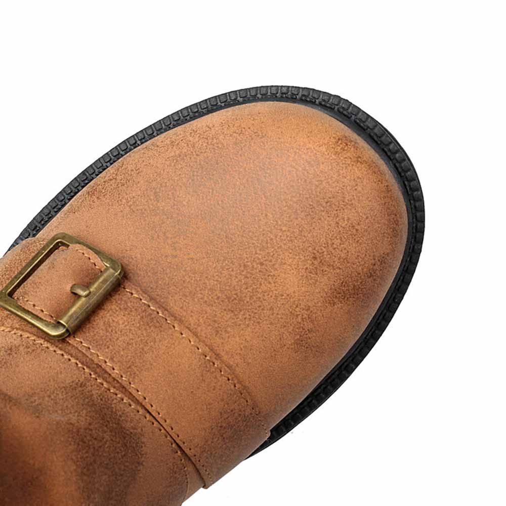 Top view of sd-hk women's mid-calf low heel boots with a stylish buckle design and textured finish