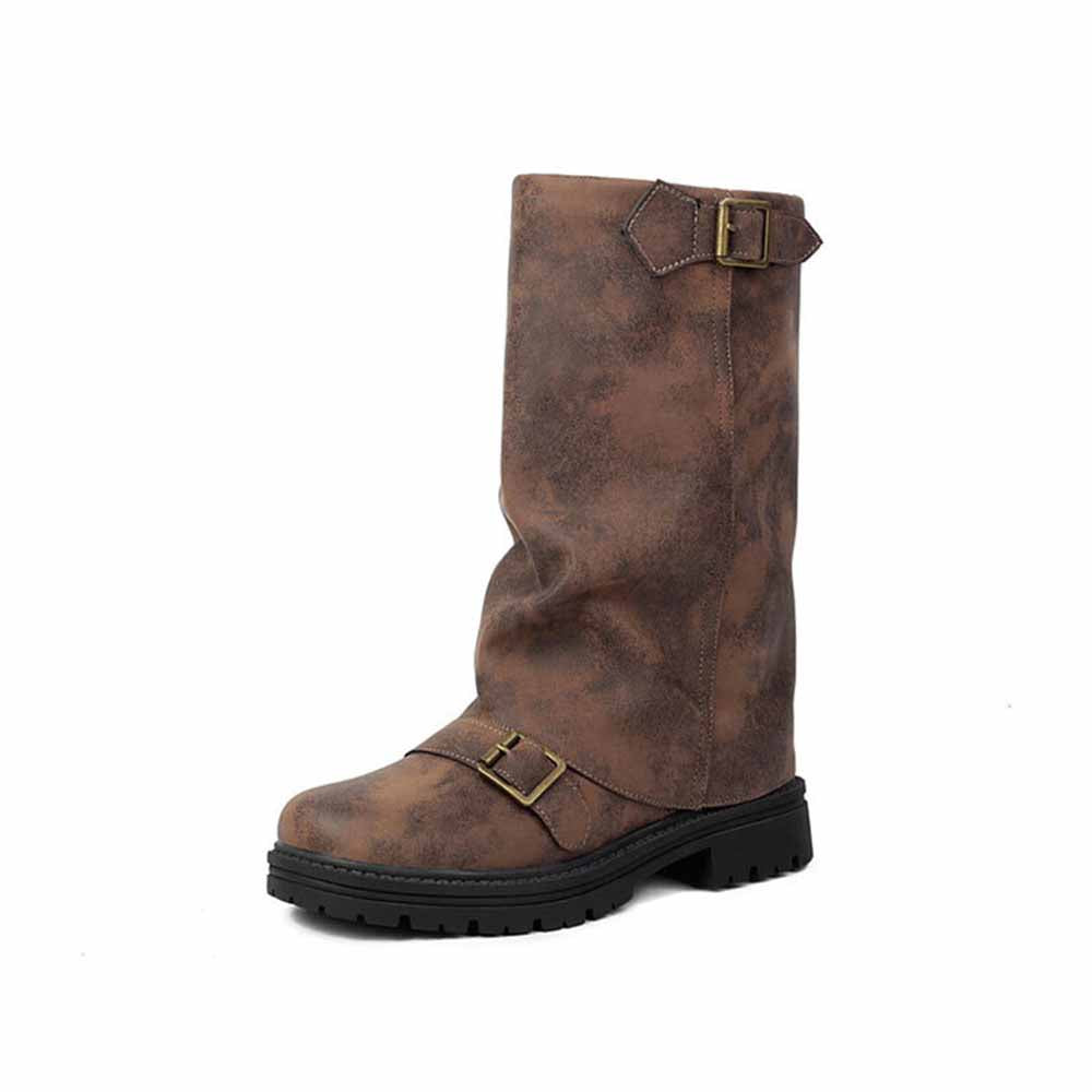 SD-HK women's mid-calf low heel boots with a stylish buckle design in brown color