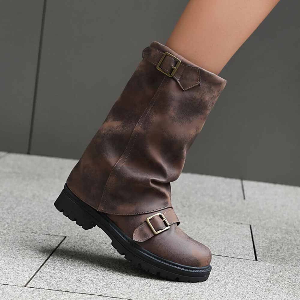 Brown sd-hk women's mid-calf low heel boots featuring buckle detail and rugged sole for stylish comfort