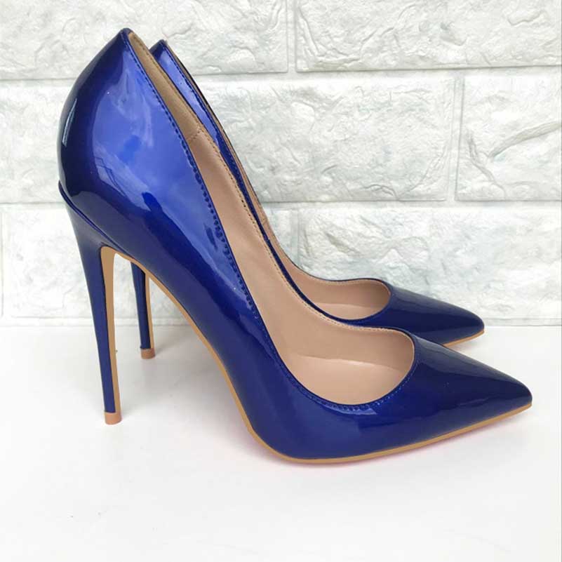 Stylish women's navy high heel pumps with a glossy finish and pointed toe design