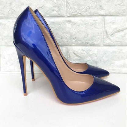 Stylish women's navy high heel pumps with a glossy finish and pointed toe design