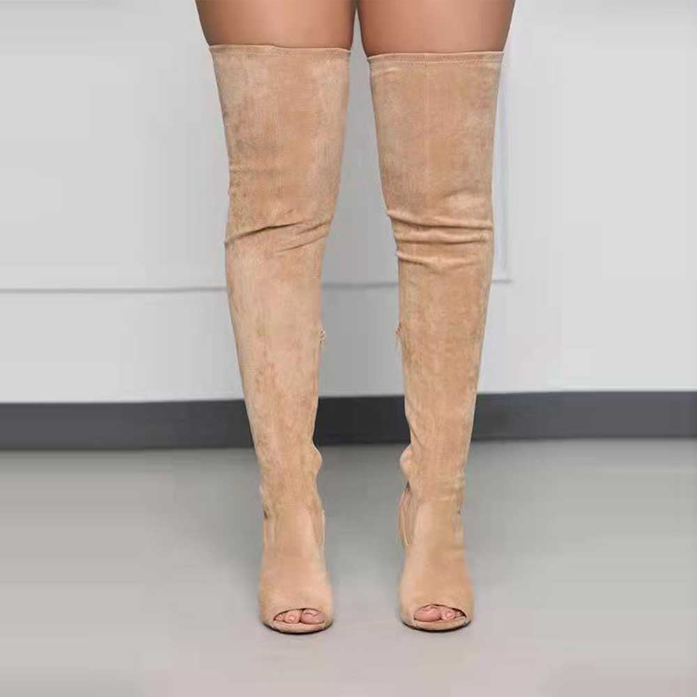 Women's open toe over knee boots in beige with a sleek and stylish design for modern fashion