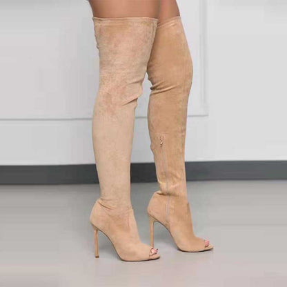 Stylish women's open toe over knee boots in beige with high heels for a chic look
