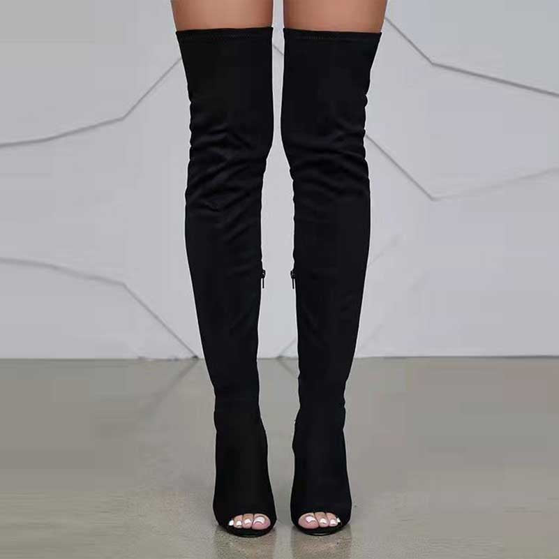 Stylish women's open toe over knee boots in black, perfect for fashionable outfits