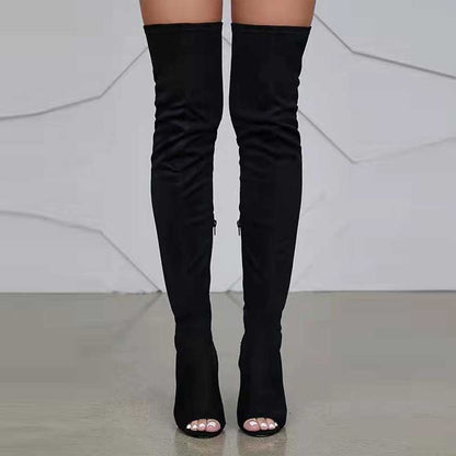 Stylish women's open toe over knee boots in black, perfect for fashionable outfits
