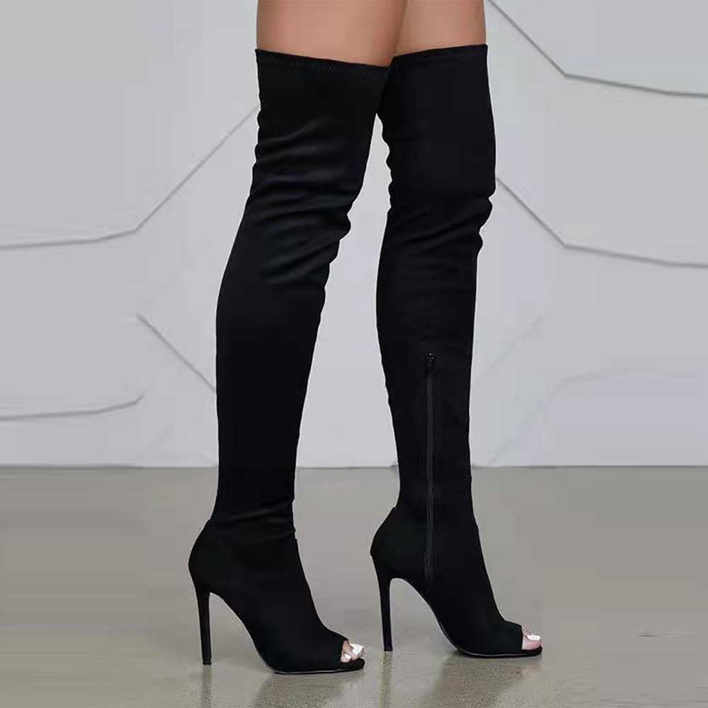 Stylish women's open toe over knee boots in black with stiletto heels for a chic look