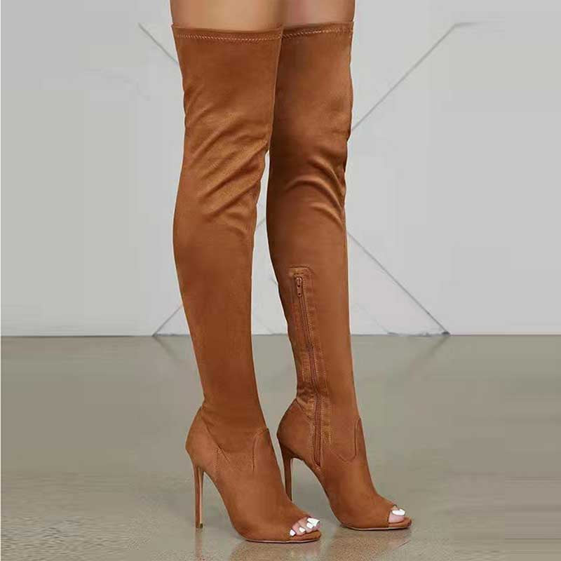 Stylish brown women's open toe over knee boots with high heels for a chic look
