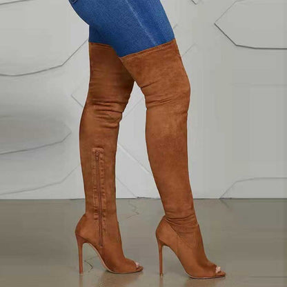 Stylish women's open toe over knee boots in tan with high heels for a chic look