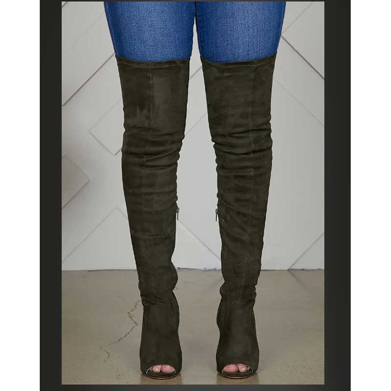 Stylish women's open toe over knee boots in olive green for a trendy and chic look