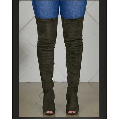 Stylish women's open toe over knee boots in olive green for a trendy and chic look
