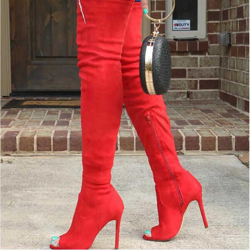 Red women's open toe over knee boots with a sleek design and high heels for a fashionable look