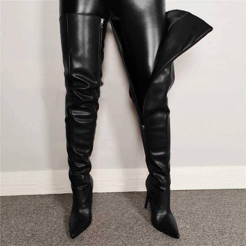 Elegant black women's over the knee boots featuring a sleek design and pointed toe for a stylish look