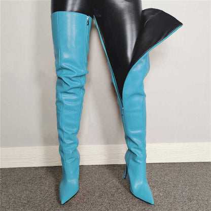 Bright blue women's over the knee boots featuring a sleek design and pointed toe for a stylish look