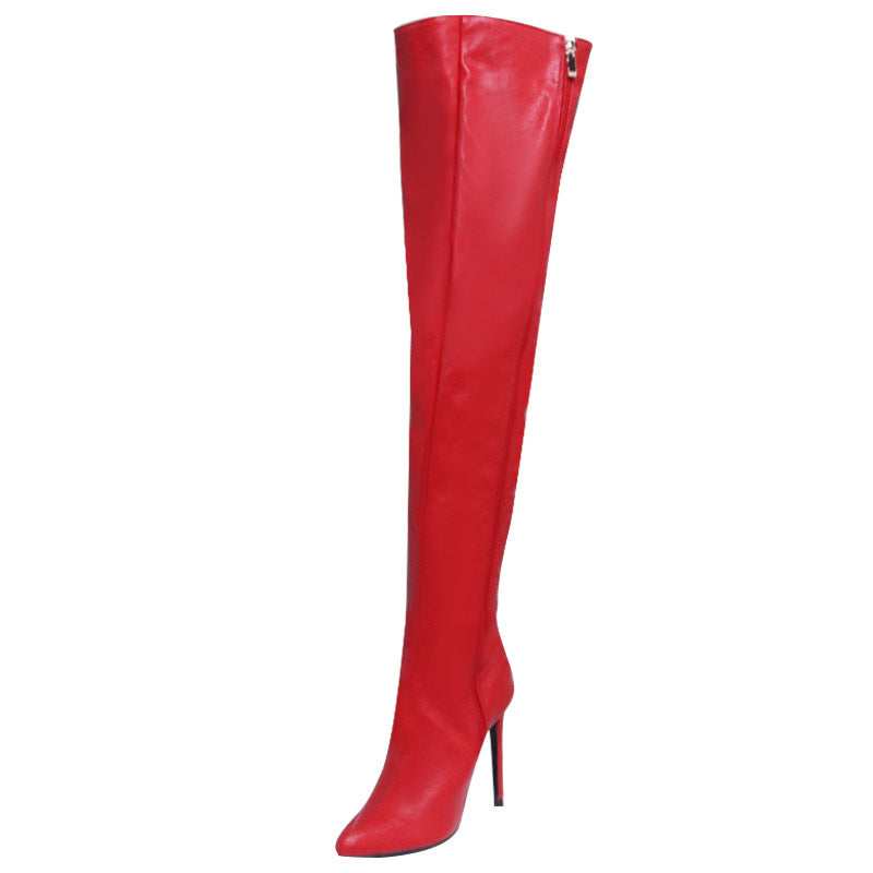 Bold red women's over the knee boots with a sleek design and stiletto heel