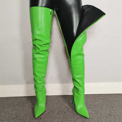 Women's over the knee boots in bright green with a sleek pointed toe design