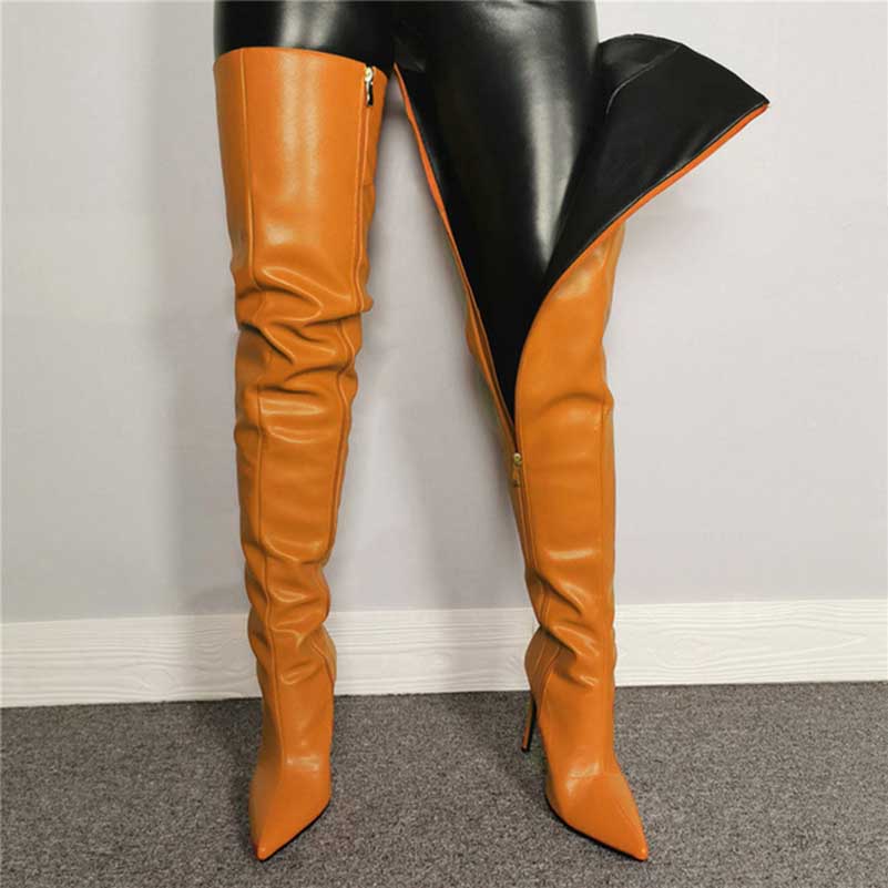 Stylish women's over the knee boots in orange with a pointed toe and zip detail