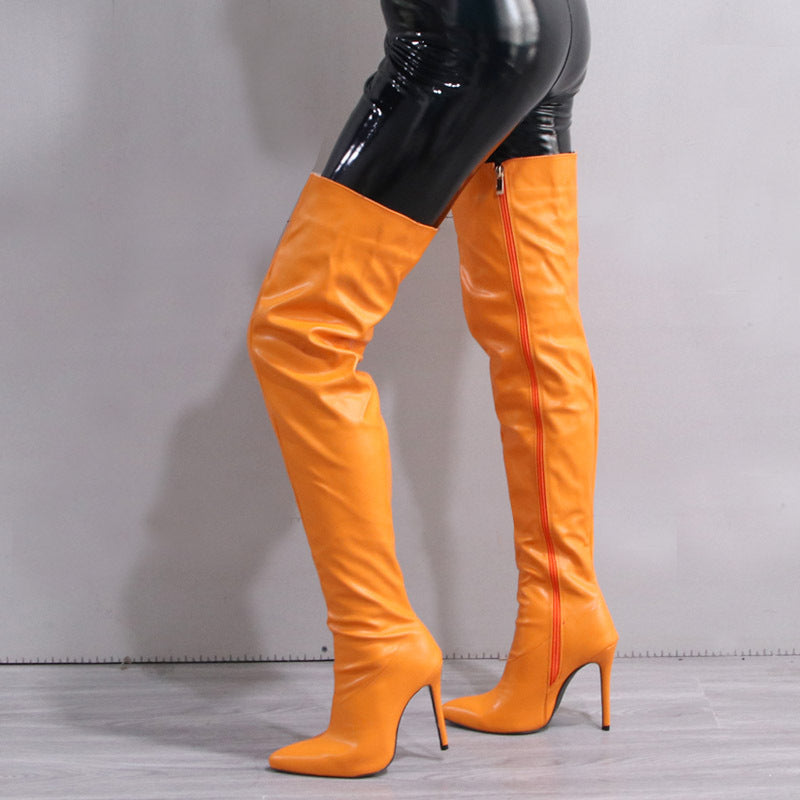Stylish women's over the knee boots in vibrant orange with a sleek design and stiletto heels