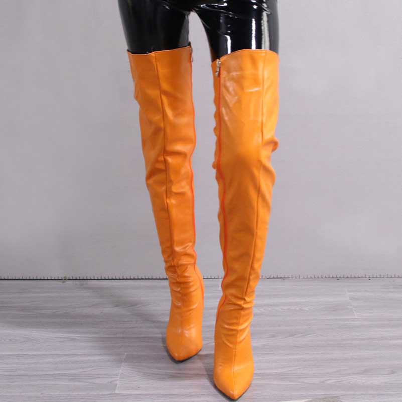 Stylish women's over the knee boots in bright orange for a trendy look