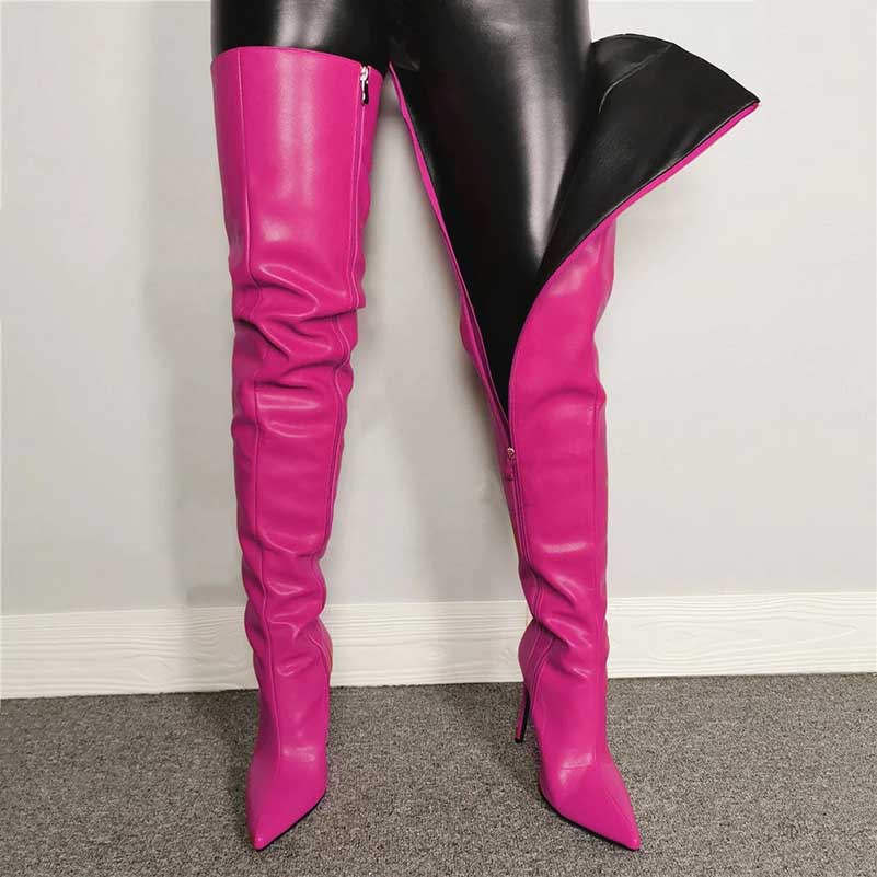 Bold pink women's over the knee boots with a sleek design and stiletto heels for a striking look