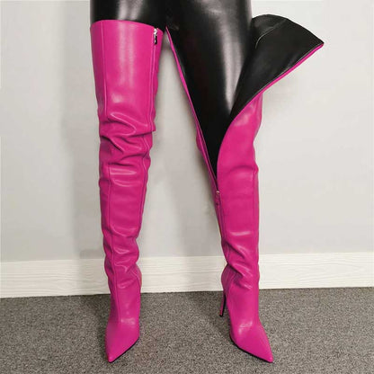 Bold pink women's over the knee boots with a sleek design and stiletto heels for a striking look
