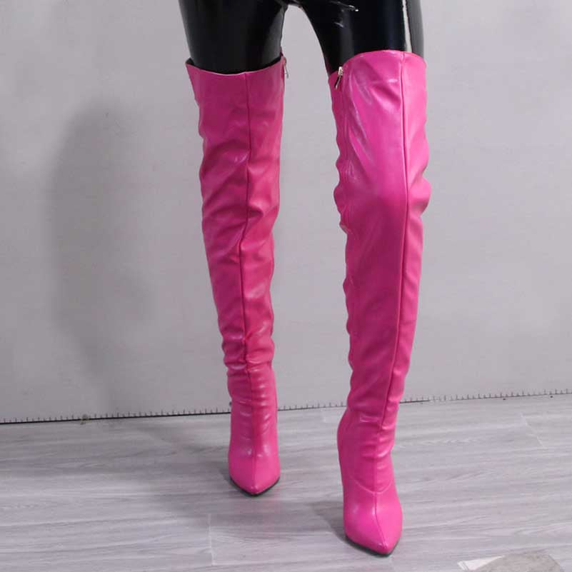 Bright pink women's over the knee boots with a sleek design and high stiletto heels
