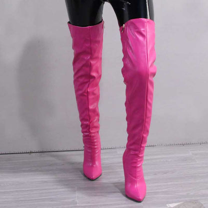 Bright pink women's over the knee boots with a sleek design and high stiletto heels