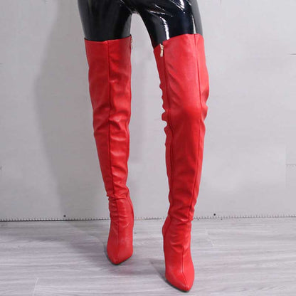 Stylish women's over the knee boots in red with a sleek design and pointed toe