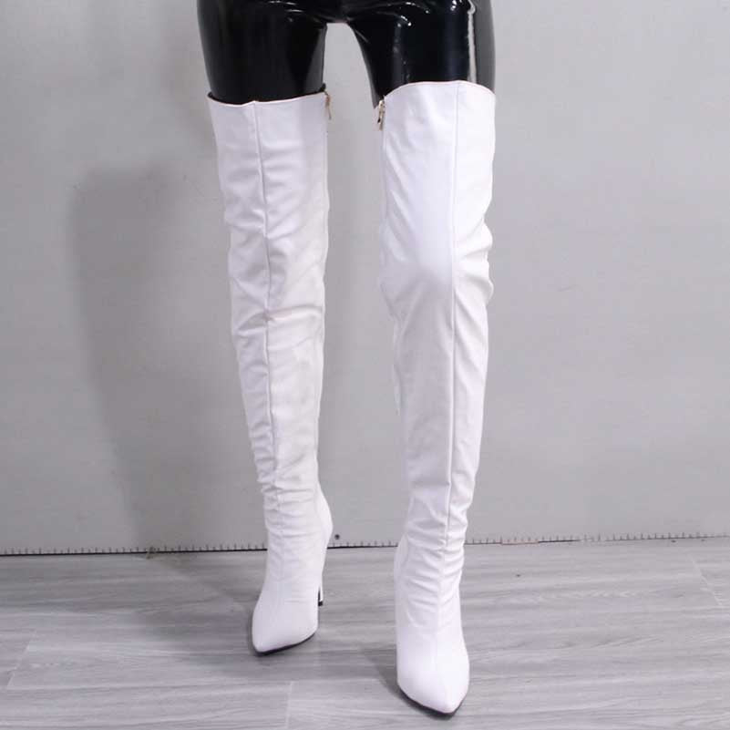 Stylish women's over the knee boots in white with a sleek design and pointed toe