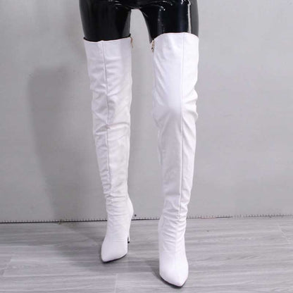 Stylish women's over the knee boots in white with a sleek design and pointed toe