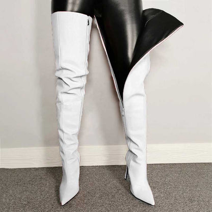 Stylish women's over the knee boots in white with pointed toes and sleek design