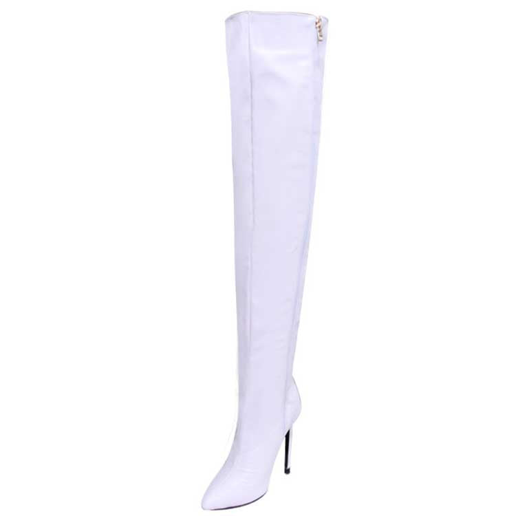 Stunning white women's over the knee boots with high stiletto heels and zipper closure